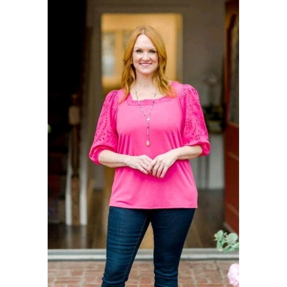 Pioneer Woman Womens Pink 3/4 Eyelet Sleeve Square Neck Blouse Top Size Large